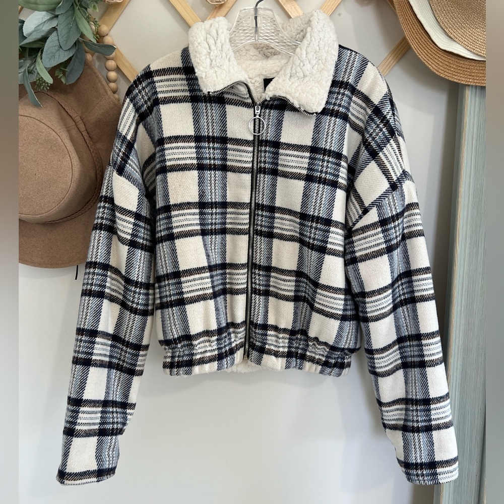 Sweet Rain Sherpa Lined Cropped Flannel Jacket